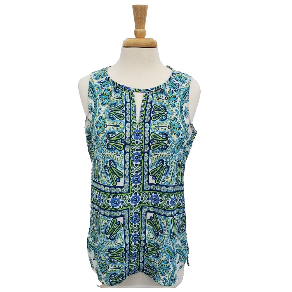 Rose + Olive Womens Keyhole Neck Blouse Size M Blue Green Paisley Sleeveless